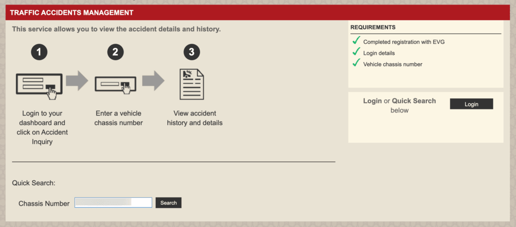 EVG Website for checking car accident history